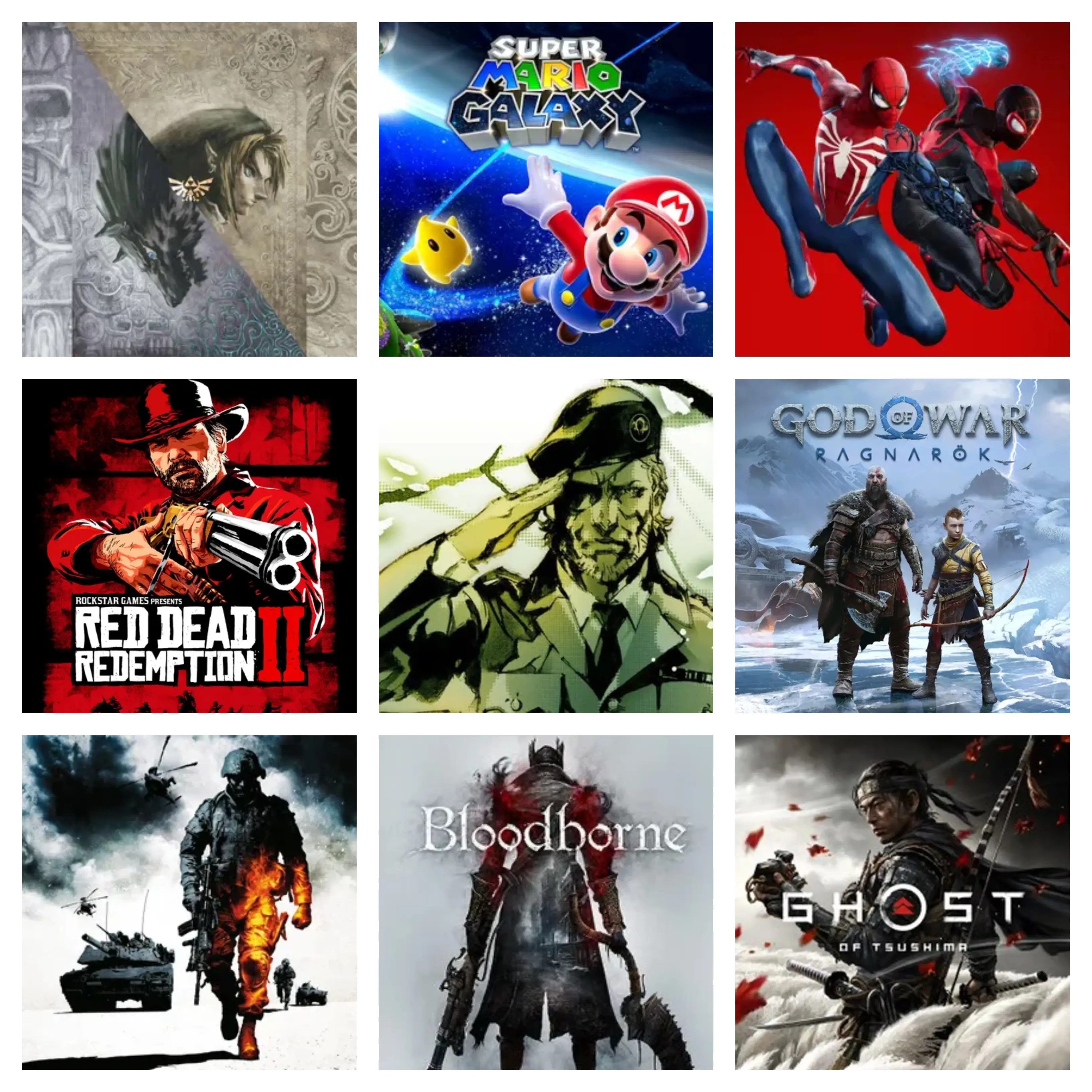 Collage of favourite games: Zelda Twilight Princess, Super Mario Galaxy, Spider-Man 2, Red Dead Redemption 2, Metal Gear Solid, God of War Ragnarök, Battlefield Bad Company 2, Bloodborne, Ghost of Tsushima