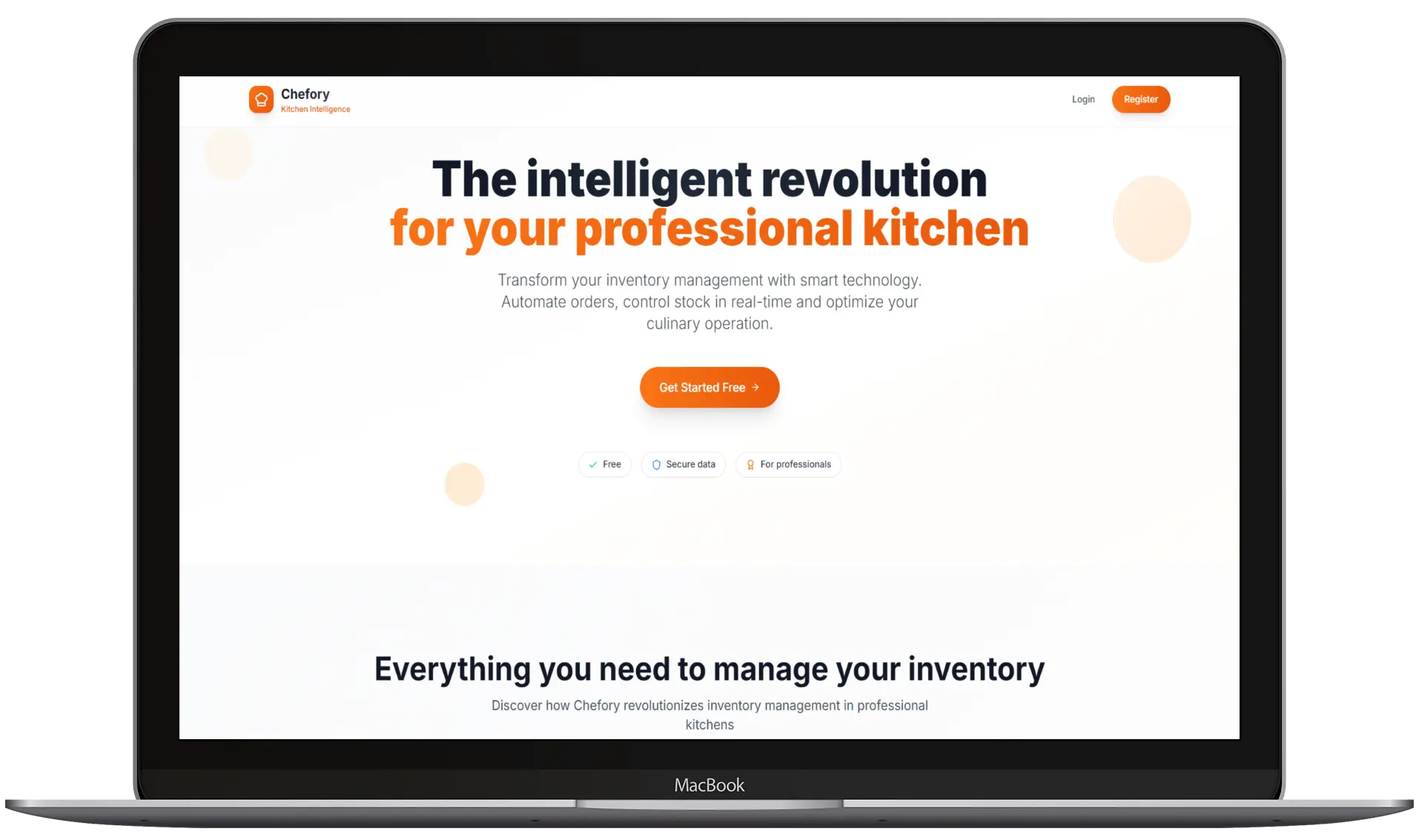 Chefory landing page on a laptop