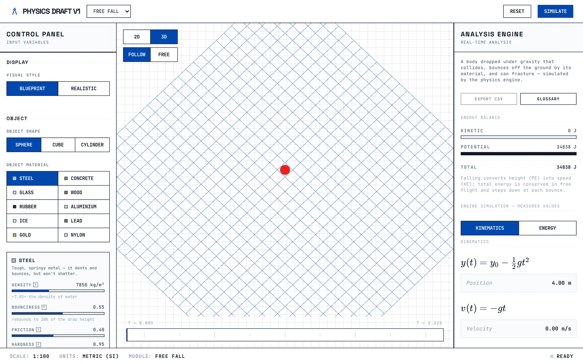Physics Sketchbook: material controls, a 3D blueprint view of a falling sphere and the live formula panel